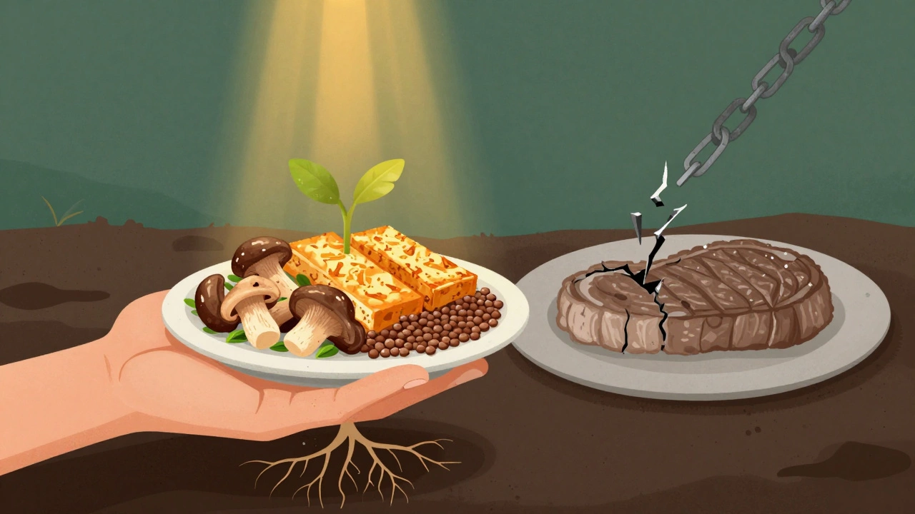 Рука держит растительную тарелку, рядом тускнеет стейк — символ перехода к здоровому питанию