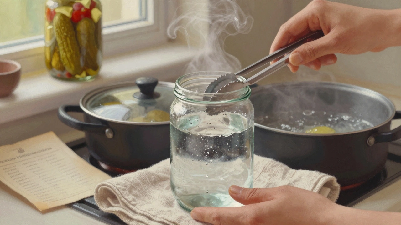 Руки с щипцами вынимают горячую стерилизованную банку из кипятка, она стоит на чистом полотенце.