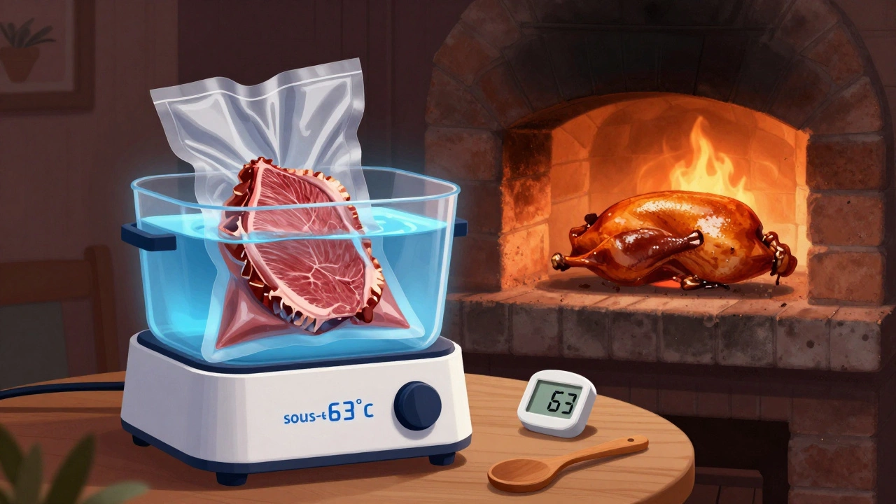 Современная вакуумная готовка рядом с традиционной русской печью