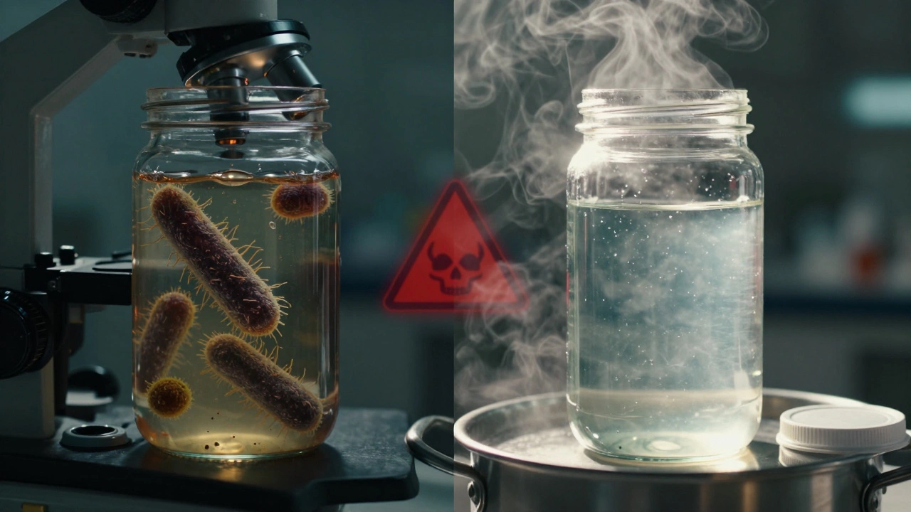 Сравнение: слева — грязная банка с бактериями, справа — чистая стерилизованная банка под солнечным светом.