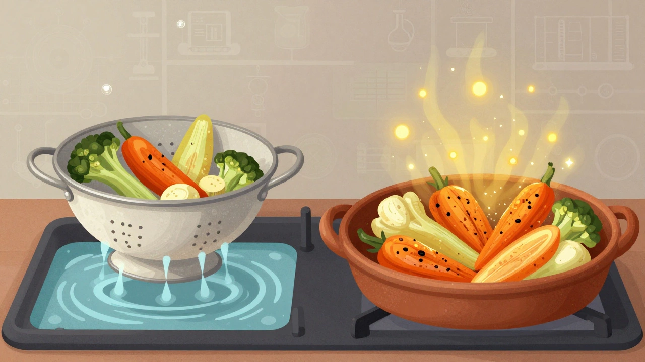 Сравнение: вареные овощи теряют питательные вещества, запеченные — сохраняют их.