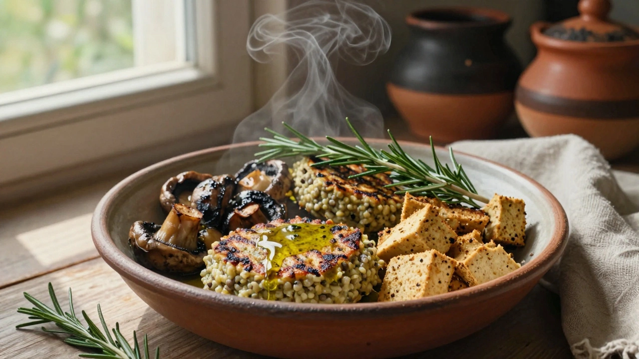 Тарелка с пастой из чечевицы, грибами и темпе, украшенная розмарином