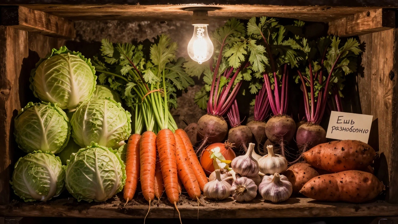 В русском погребе на полке хранятся капуста, морковь, свекла, лук и чеснок под тёплым светом.