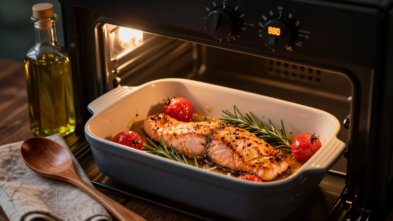 Запечённая лосось с чесноком и розмарином в керамической посуде.