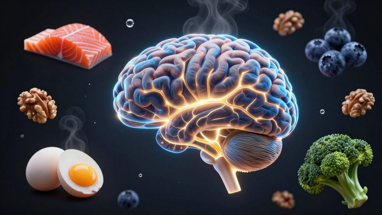 Человеческий мозг с светящимися нейронными связями, окружённый лососем, грецкими орехами, черникой и брокколи.