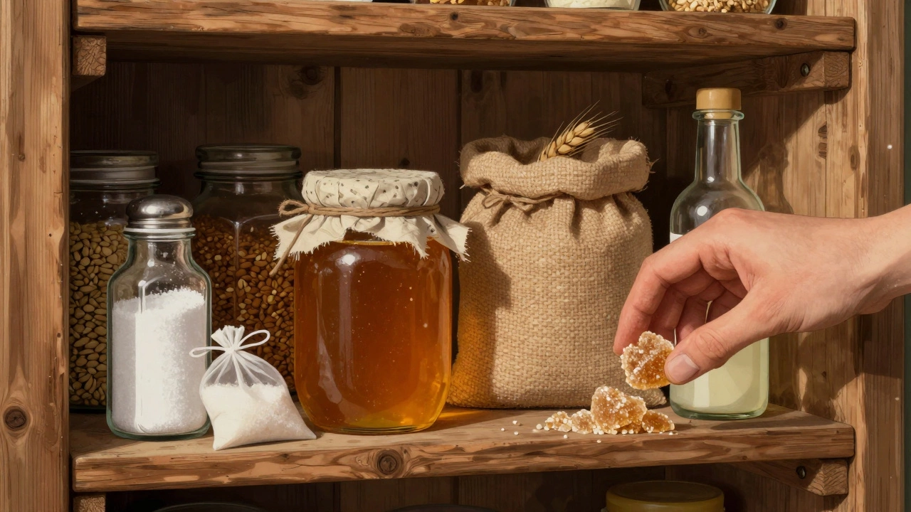 Деревянная кладовая с банками соли, сахара, зерна и уксуса, хранимых в сухом месте.