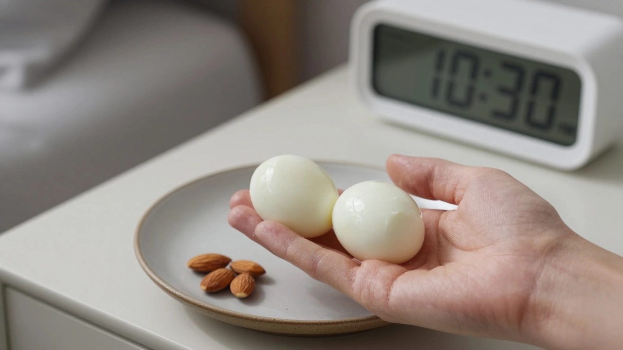 Два варёных яичных белка и миндаль на тарелке у ночного столика