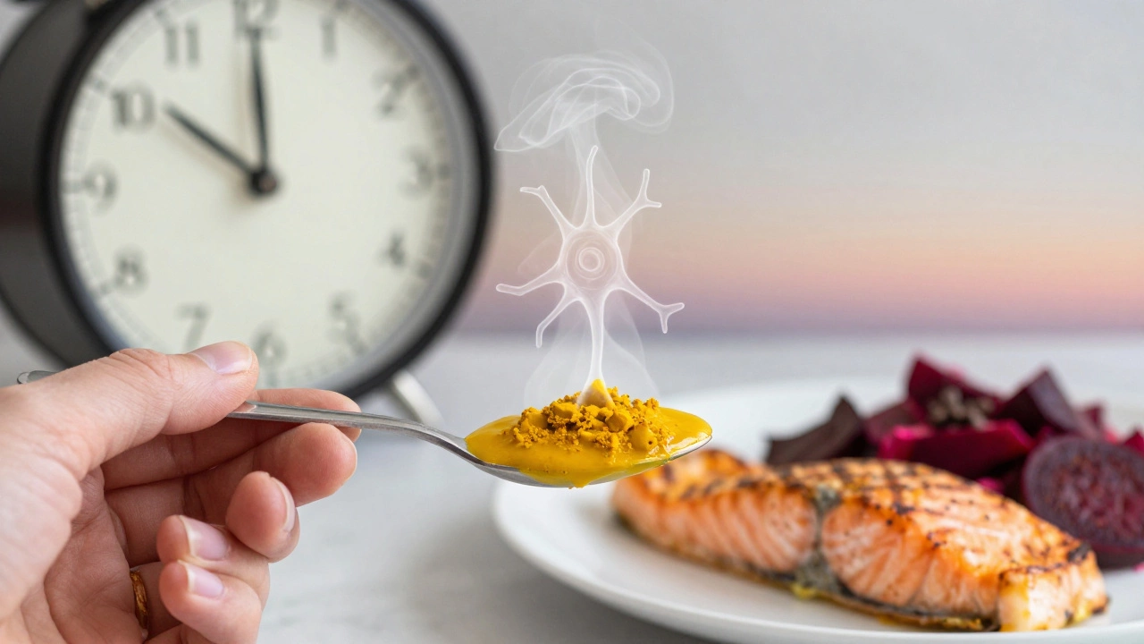 Ложка куркумового супа, пар от которого формирует нейрон, на фоне здорового питания