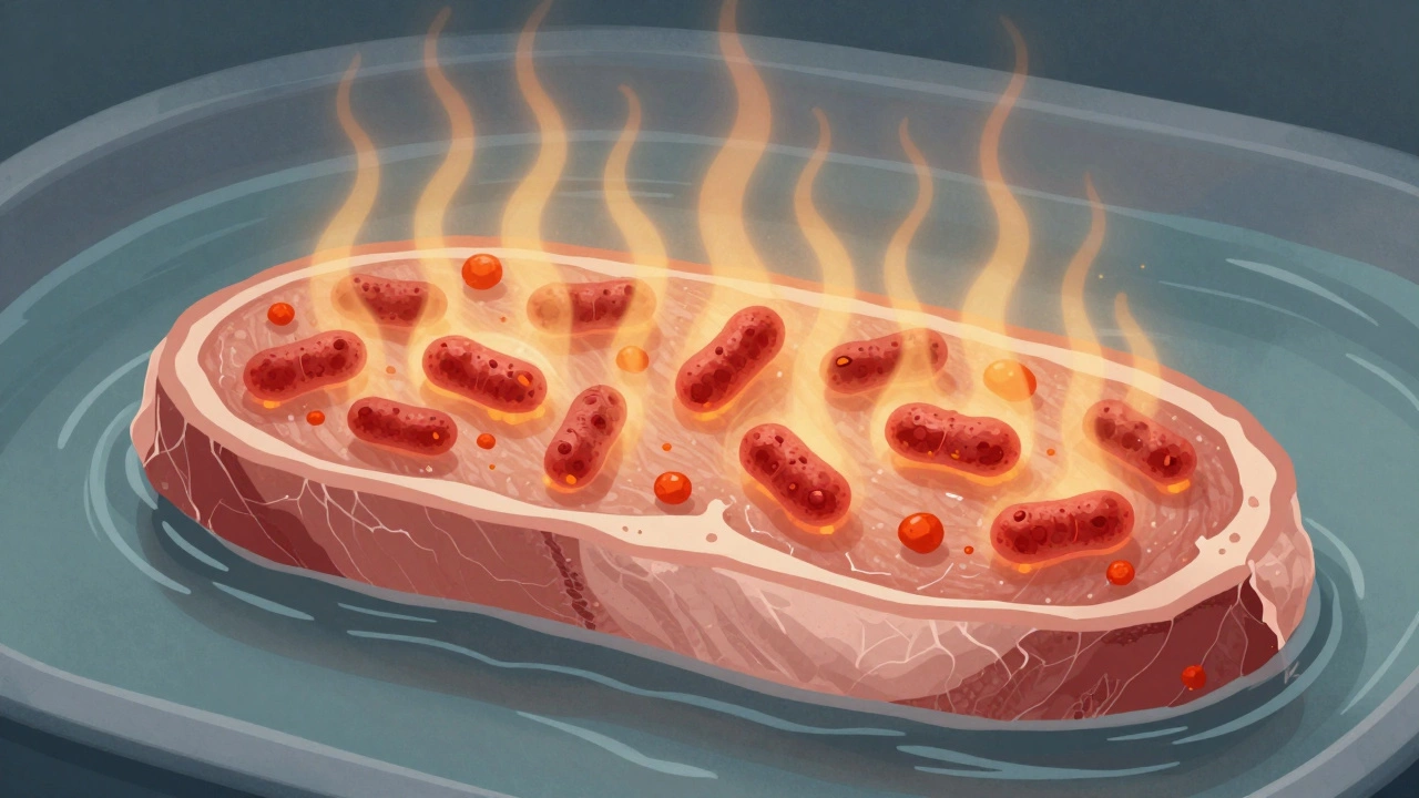 Поперечный разрез куриного мяса, где тепловая волна уничтожает бактерии Salmonella, равномерно прогревая ткань без пересушивания.