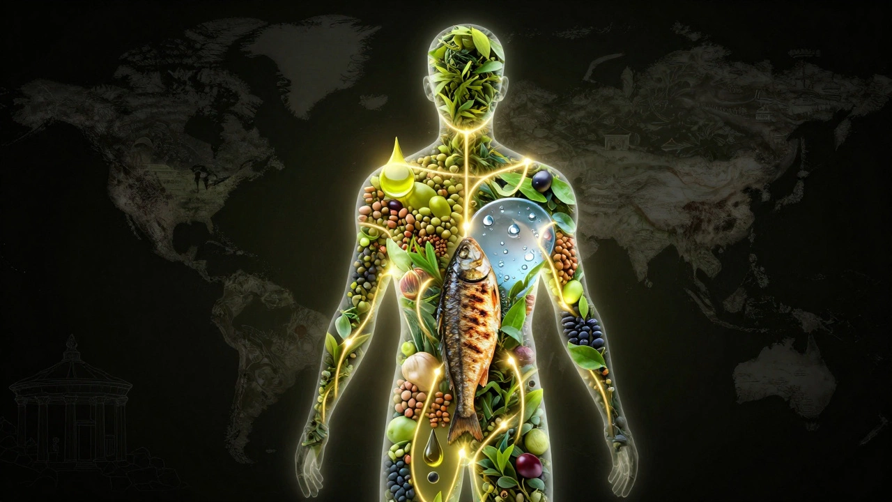 Прозрачная фигура человека, наполненная полезными продуктами, символизирующими долголетие.