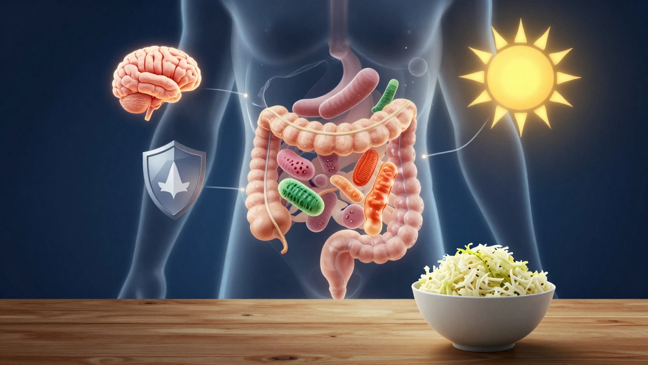 Прозрачное изображение кишечника с живыми бактериями, связанными с иммунитетом, мозгом и энергией, рядом — миска квашеной капусты.