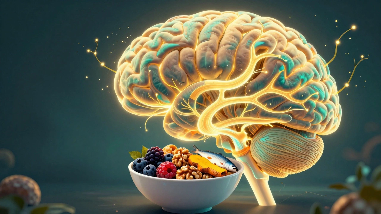 Разрез головного мозга с растущими нейронами, окружённый полезными продуктами