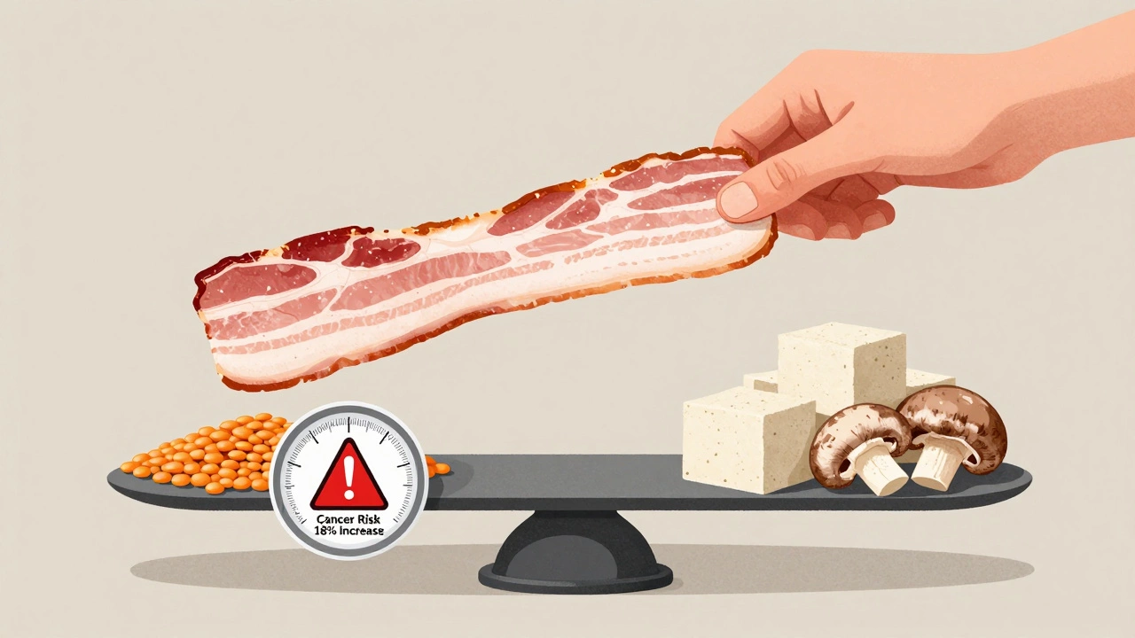Рука кладет ломтик бекона на весы, которые показывают риск рака, рядом — чечевица и тофу.
