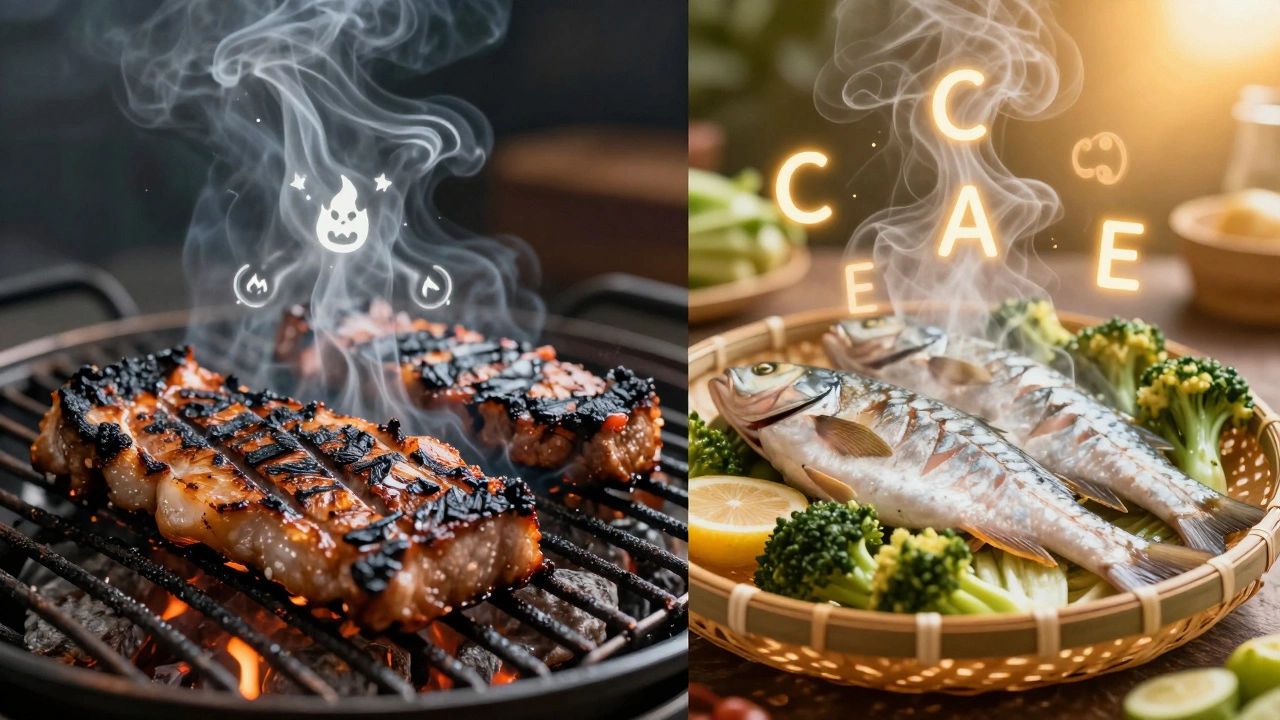 Сравнение: слева — обугленное мясо на гриле, справа — нежные овощи на пару с витаминами в воздухе.