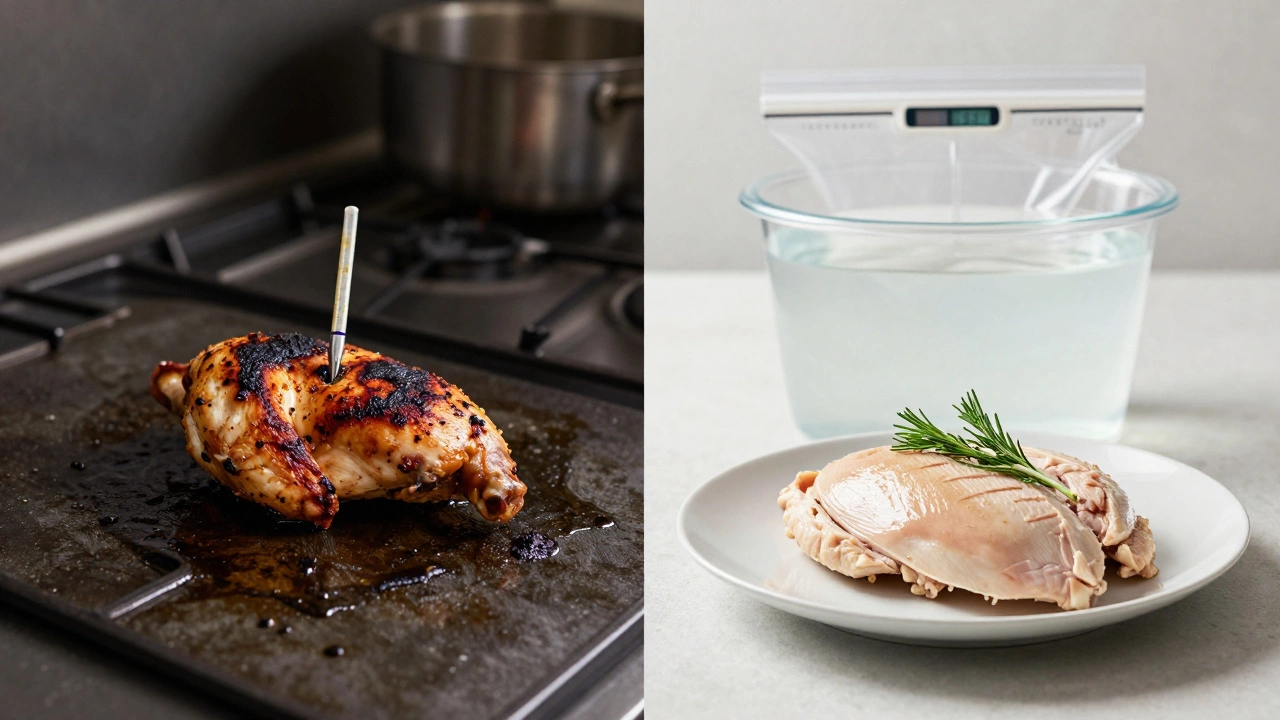Сравнение: слева — пережаренное мясо и неправильный термометр, справа — идеально приготовленная курица в водяной бане с точной температурой.