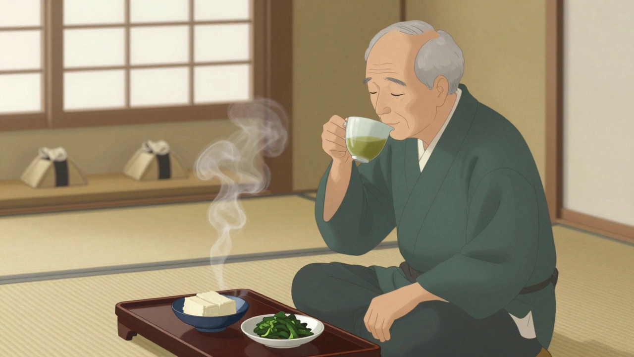 Старик пьёт зелёный чай в тихой японской комнате с тофу и маринованными овощами.