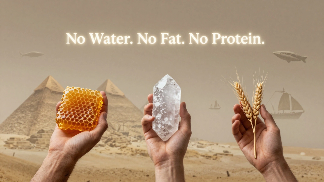 Три руки держат мед, соль и зерно — символы продуктов, которые не портятся никогда.