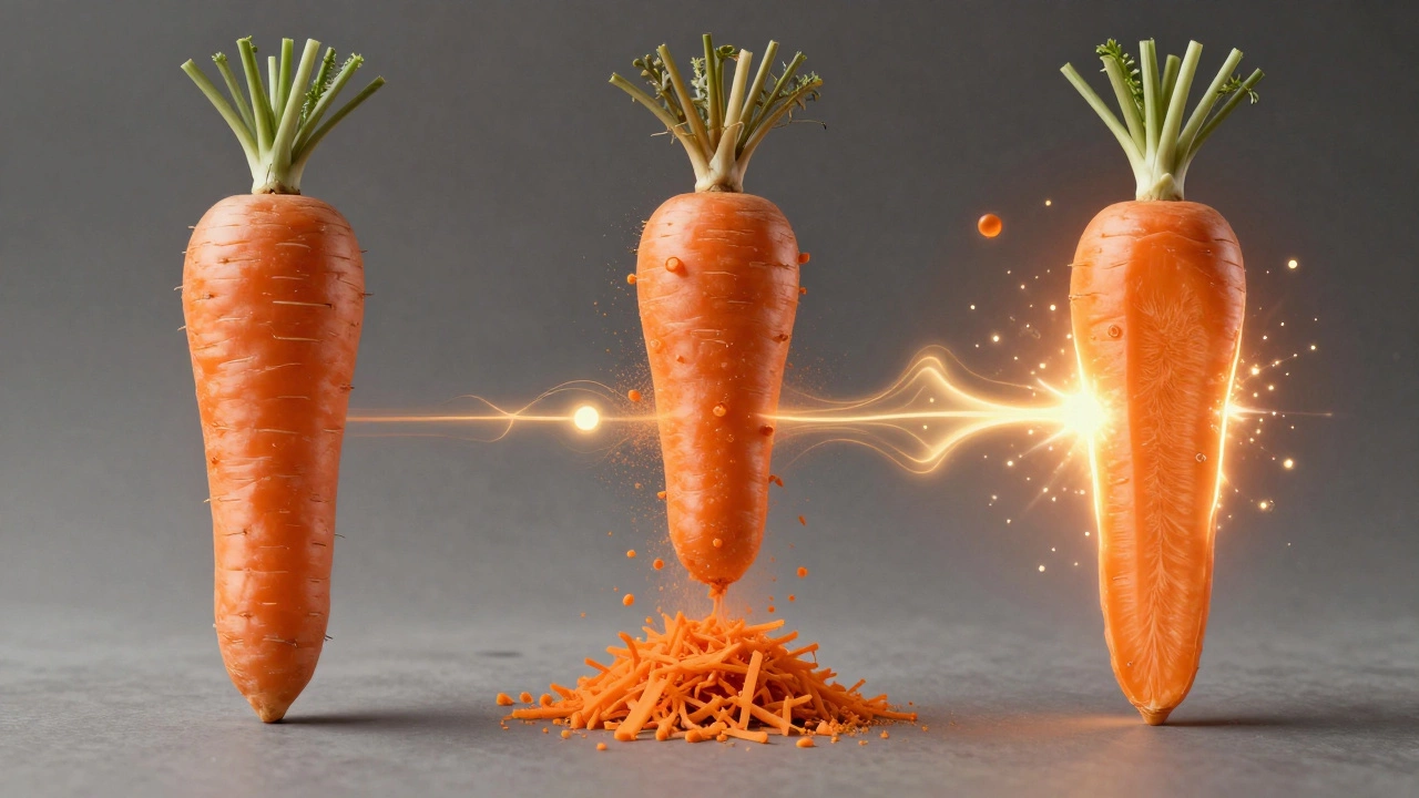 Три стадии моркови: целая, натёртая и усваиваемая, с визуализацией питательных веществ.