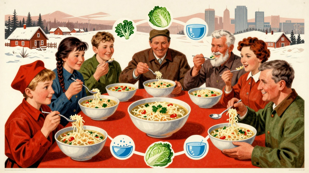 Винтажный советский плакат: люди разных возрастов едят квашеную капусту, вокруг — символы натуральных ингредиентов и деревенский пейзаж.