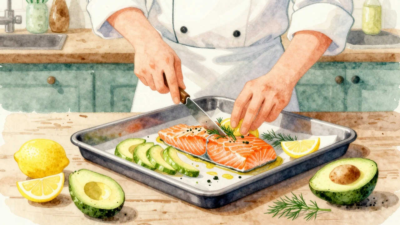 Запеченный лосось с авокадо и лимоном