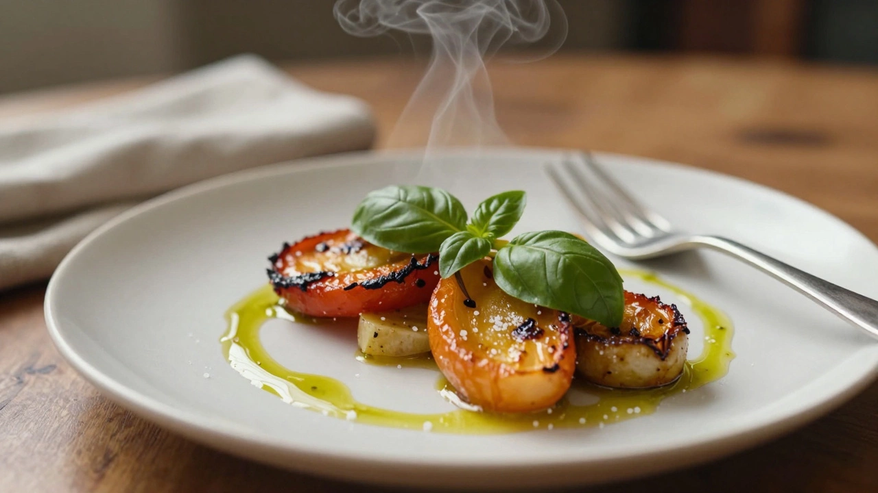 Блюдо подано с оливковым маслом, базиликом и мелкой солью.