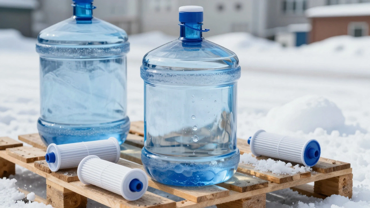 Бочка для хранения воды с фильтрами и чистым снегом рядом.