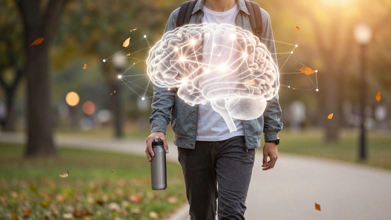 Человек идет по парку на закате, над головой — светящаяся сеть нейронов, символ ясности ума.