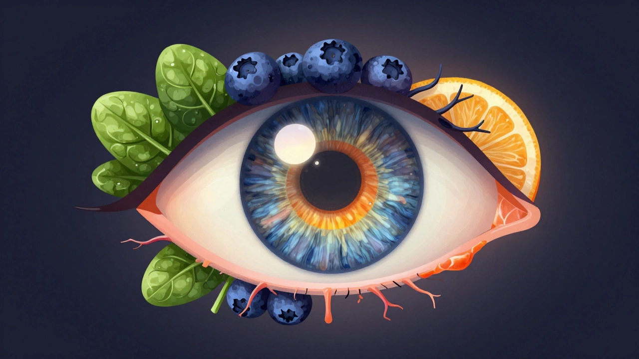 Глаз, составленный из натуральных продуктов: черника, яичный желток, шпинат и лосось.