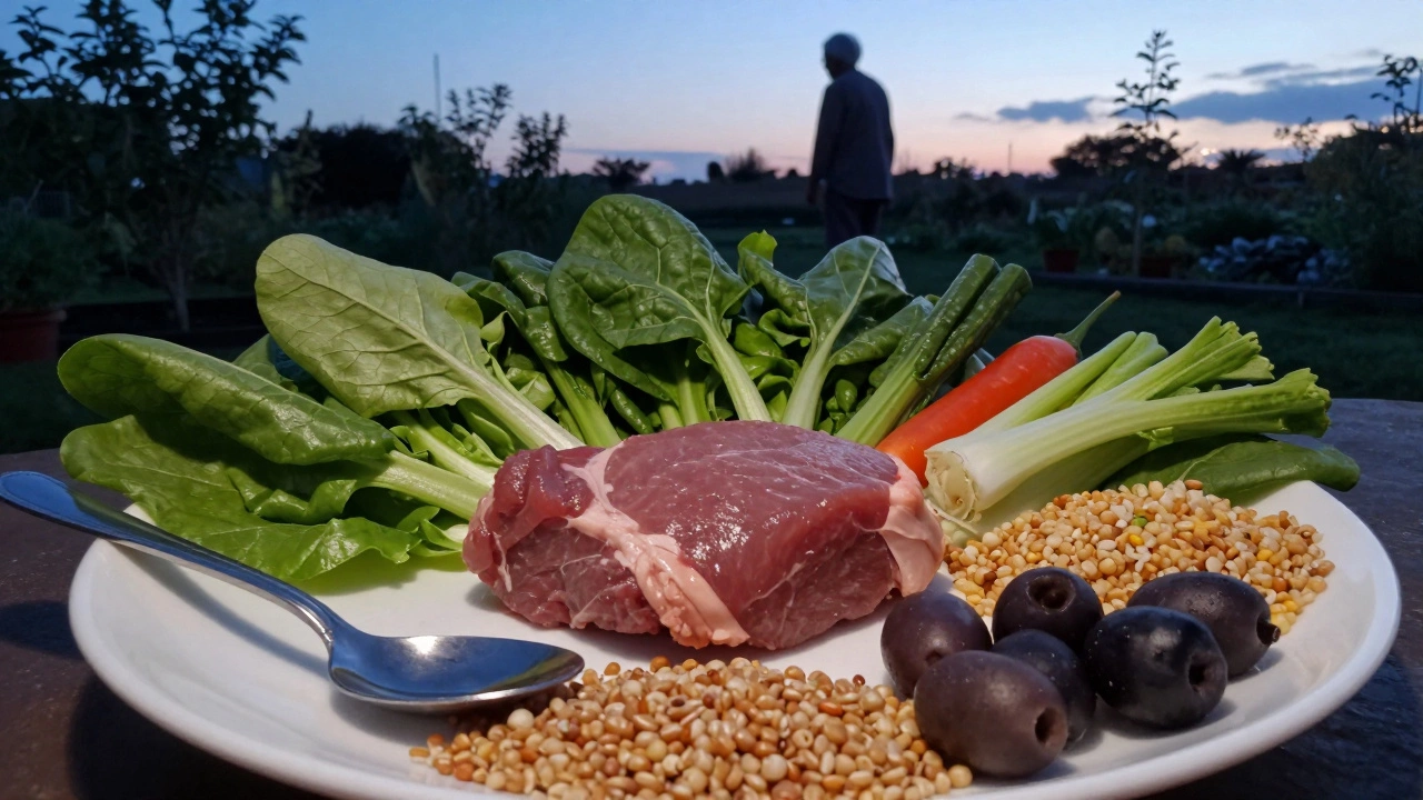 Небольшая порция мяса на фоне большого количества растительной пищи — символ умеренности.