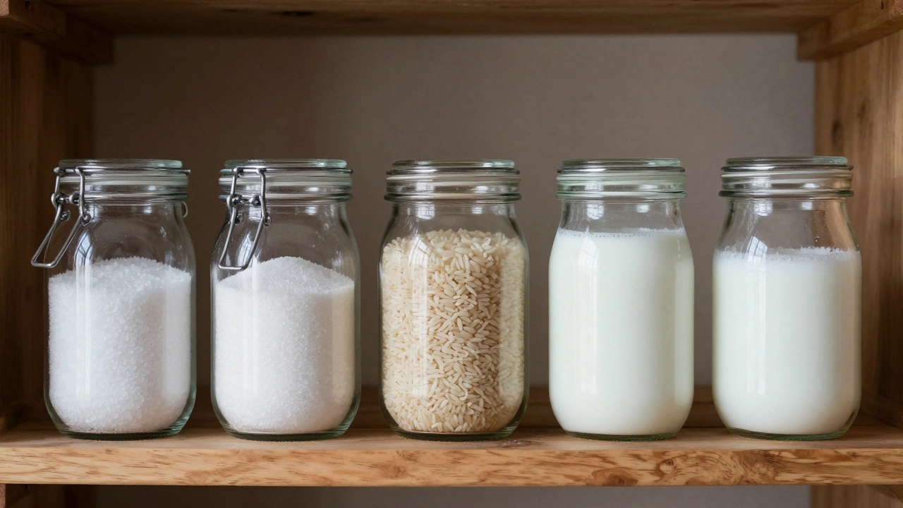 Пять герметичных банок с солью, сахаром, рисом, уксусом и сухим молоком на деревянной полке.