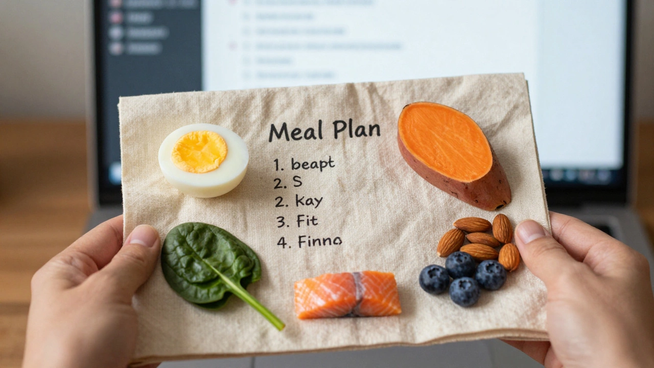 Рука держит недельный план питания с продуктами, улучшающими зрение, на хлопковой салфетке.