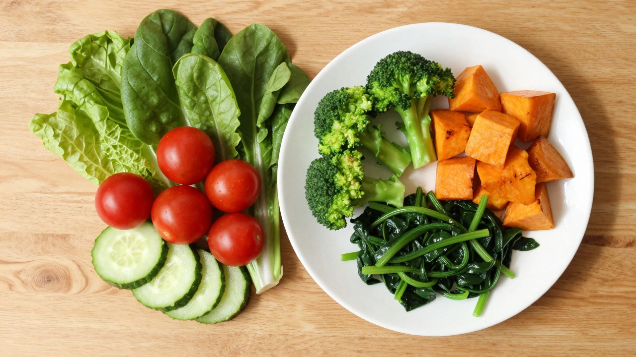 Сбалансированная тарелка с сырыми и приготовленными овощами