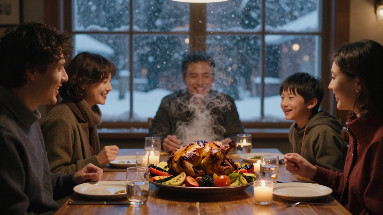 Семейный ужин в зимний вечер в ресторане