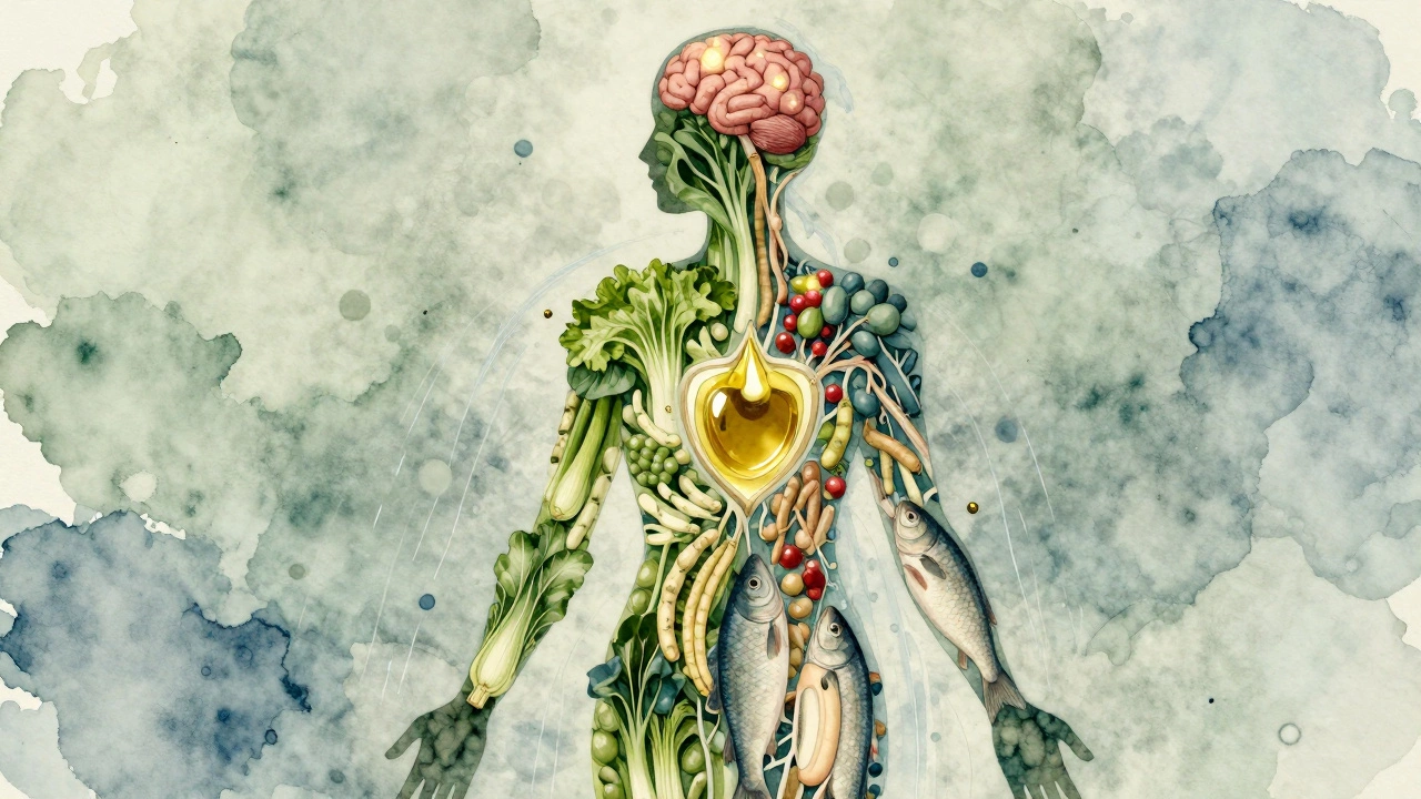 Силуэт человека, составленный из полезных продуктов, символизирующих долгую жизнь.