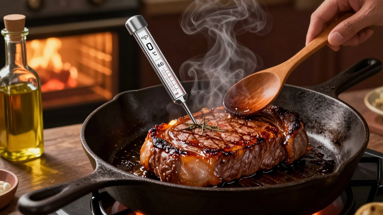 Стеак жарится на раскалённой сковороде, термометр показывает 60°C.