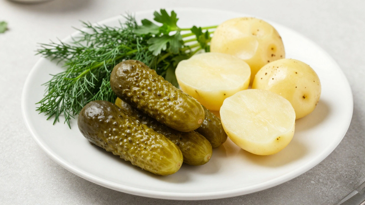 Тарелка с солеными огурцами, зеленью и картофелем.
