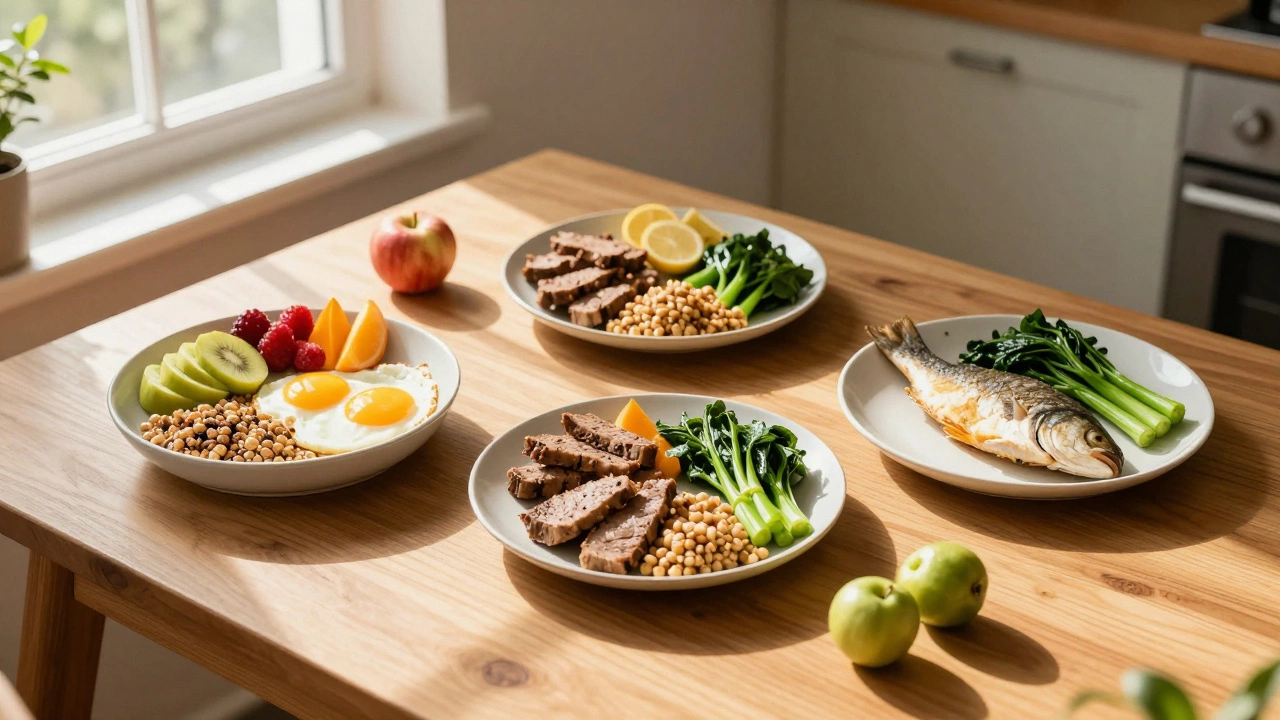 Три приема пищи на деревянном столе