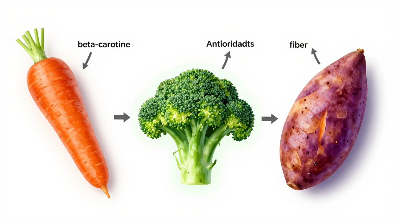 Три способа приготовления моркови, брокколи и сладкого картофеля с акцентом на питательные вещества.
