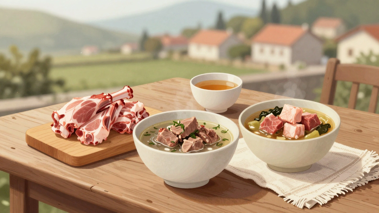 Три вида мяса долгожителей: баранина, козлятина и свинина, поданы как добавка к овощам.