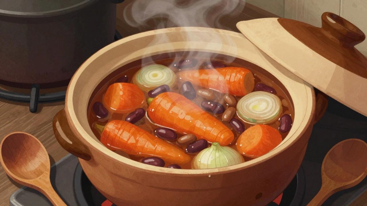 Тушеное блюдо с овощами и бобовыми в глиняном горшке.