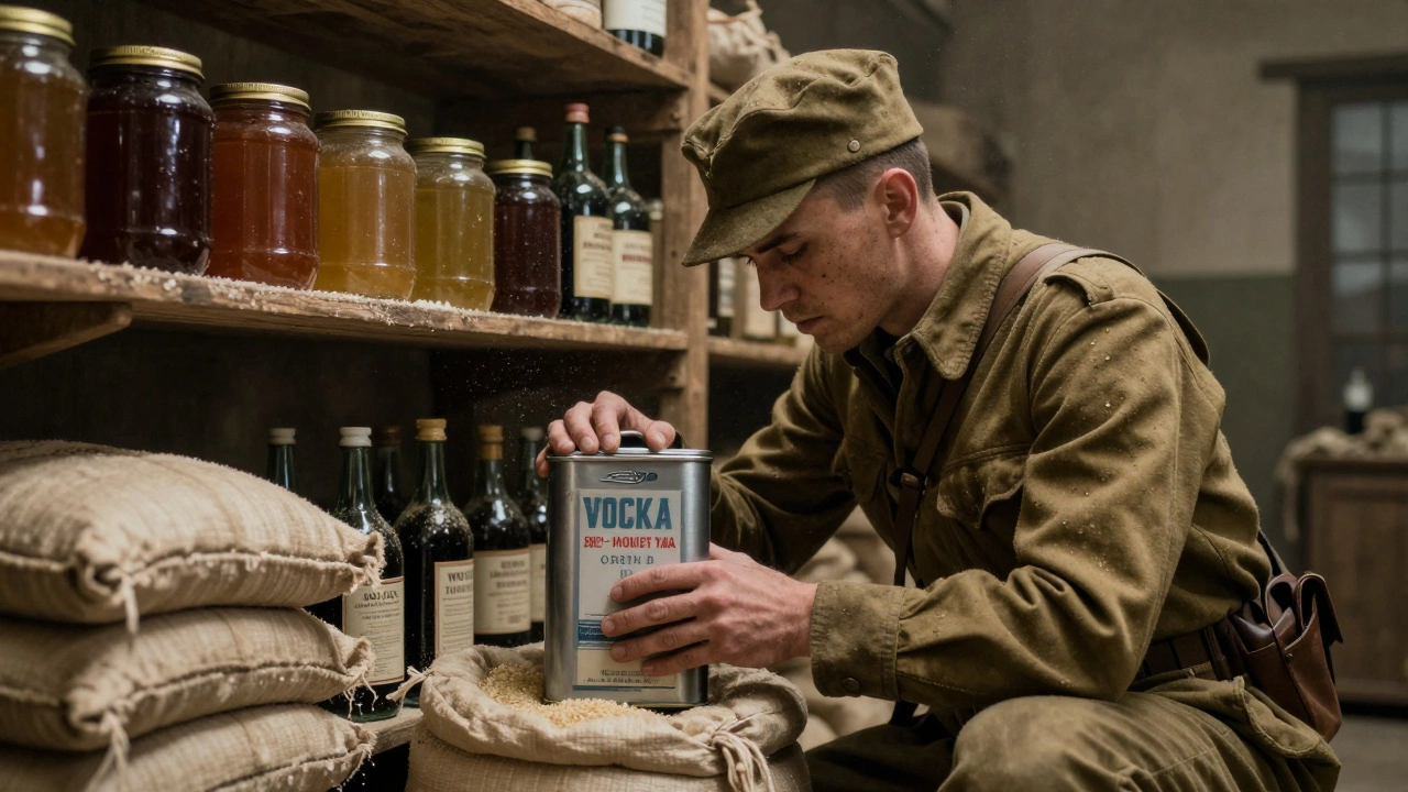 Военный склад с банками водки, меда и риса, символизирующий долгосрочную сохранность продуктов.