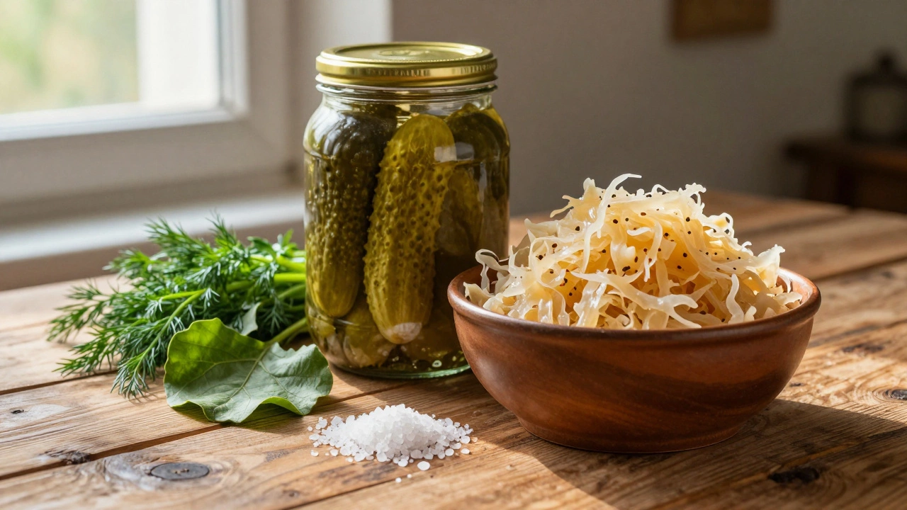 Банка соленых огурцов и миска квашеной капусты на деревянном столе