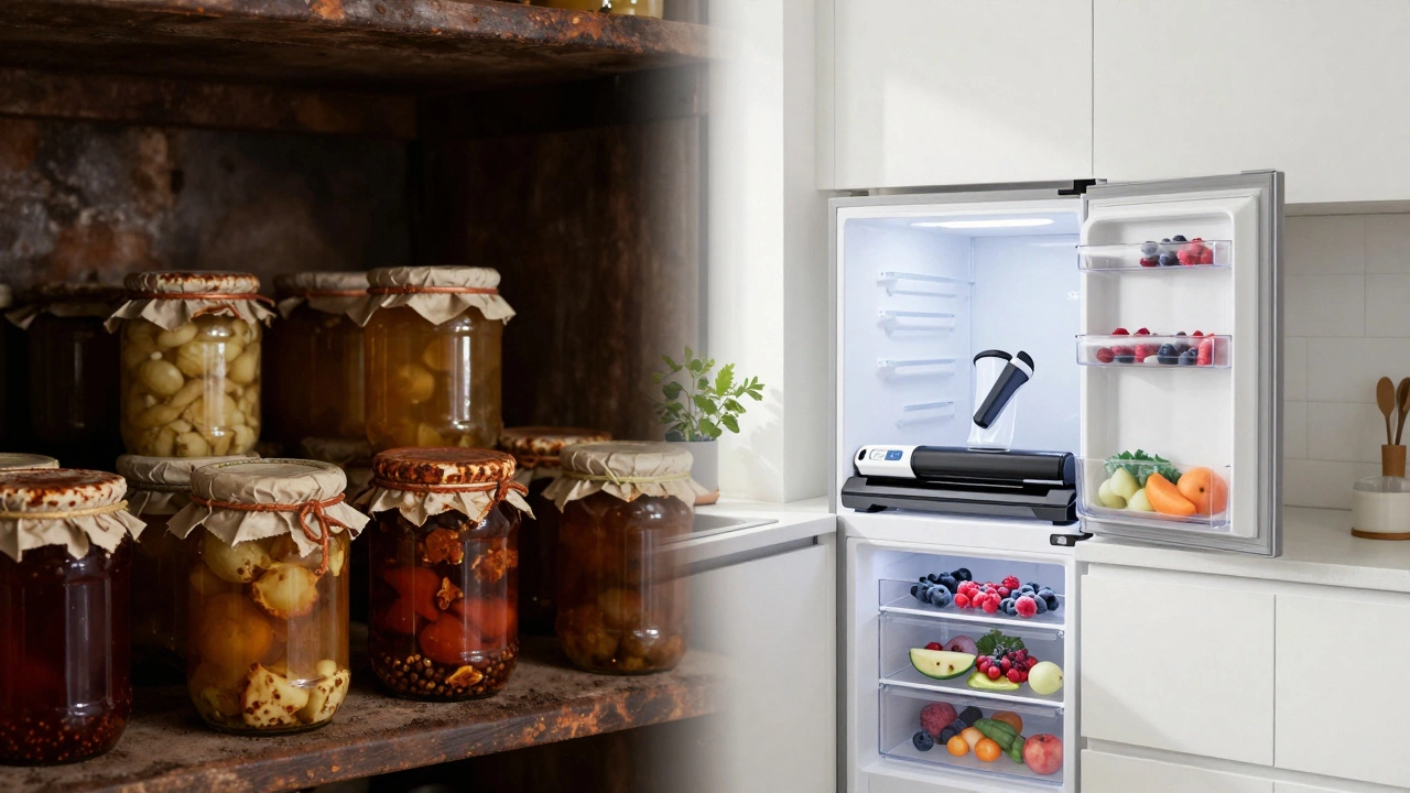 Контраст между старыми банками в погребе и современным вакуумным упаковщиком