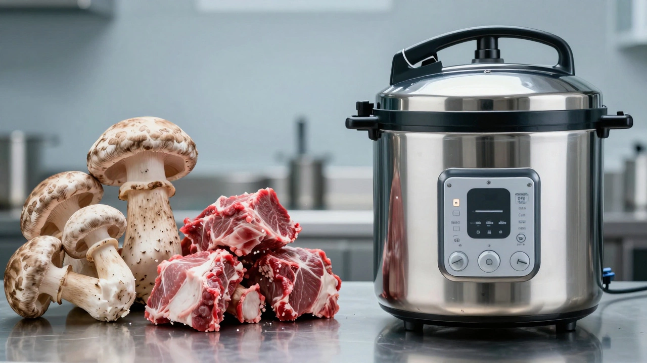 Лесные грибы и мясо рядом с промышленным автоклавом для стерилизации