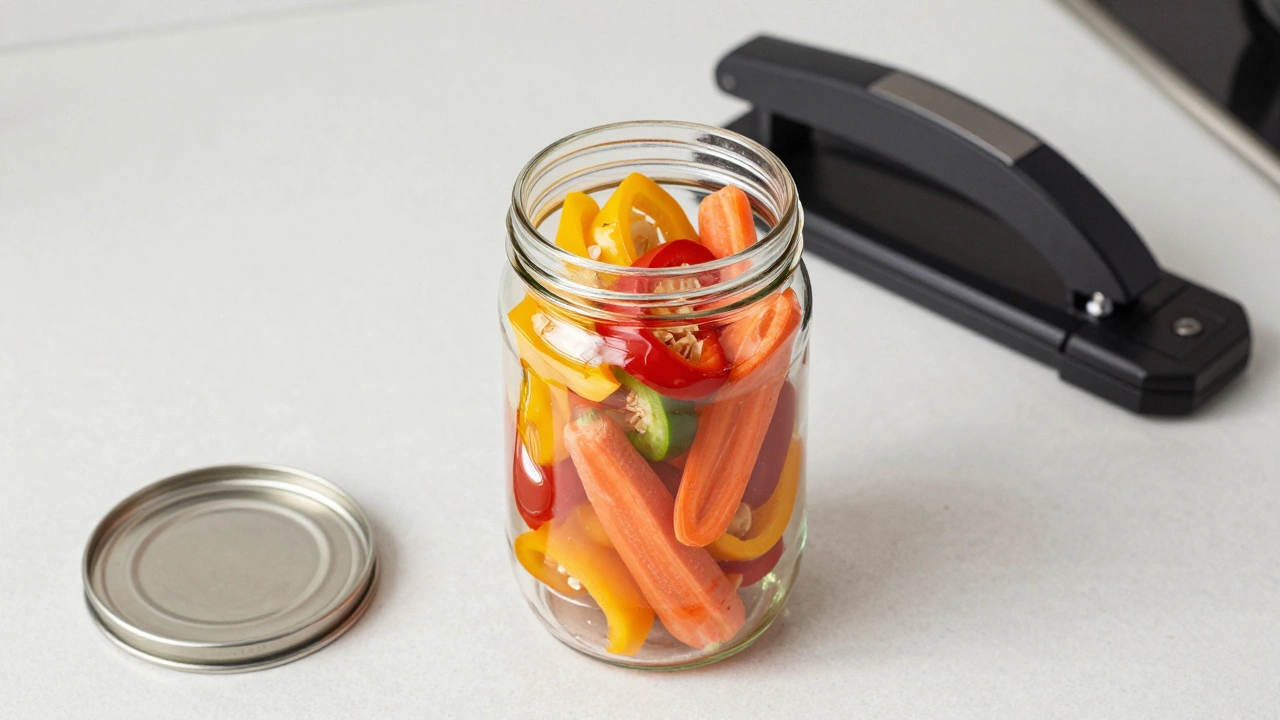 Процесс наполнения стерилизованной стеклянной банки овощами на кухне