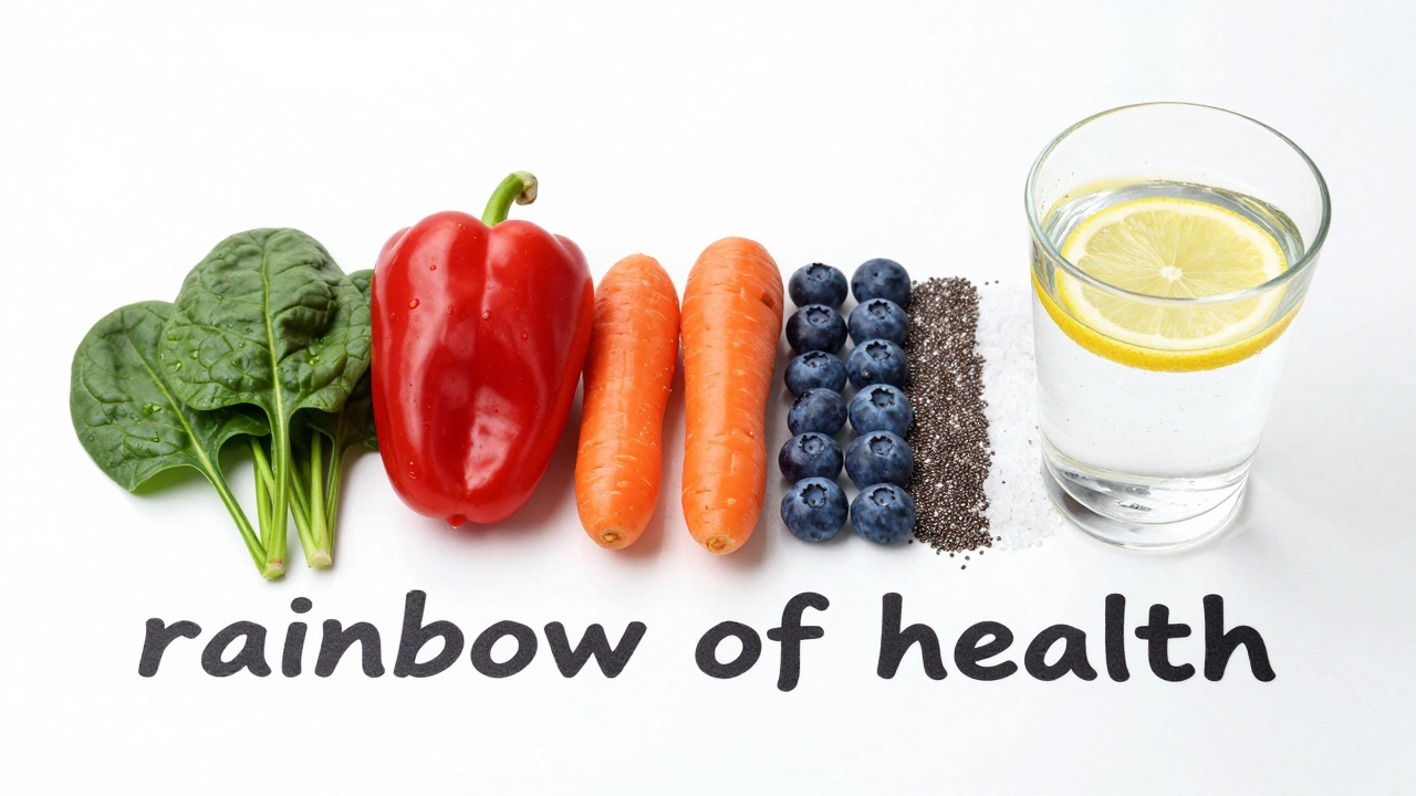 Разноцветные суперфуды и стакан воды с лимоном на белом фоне