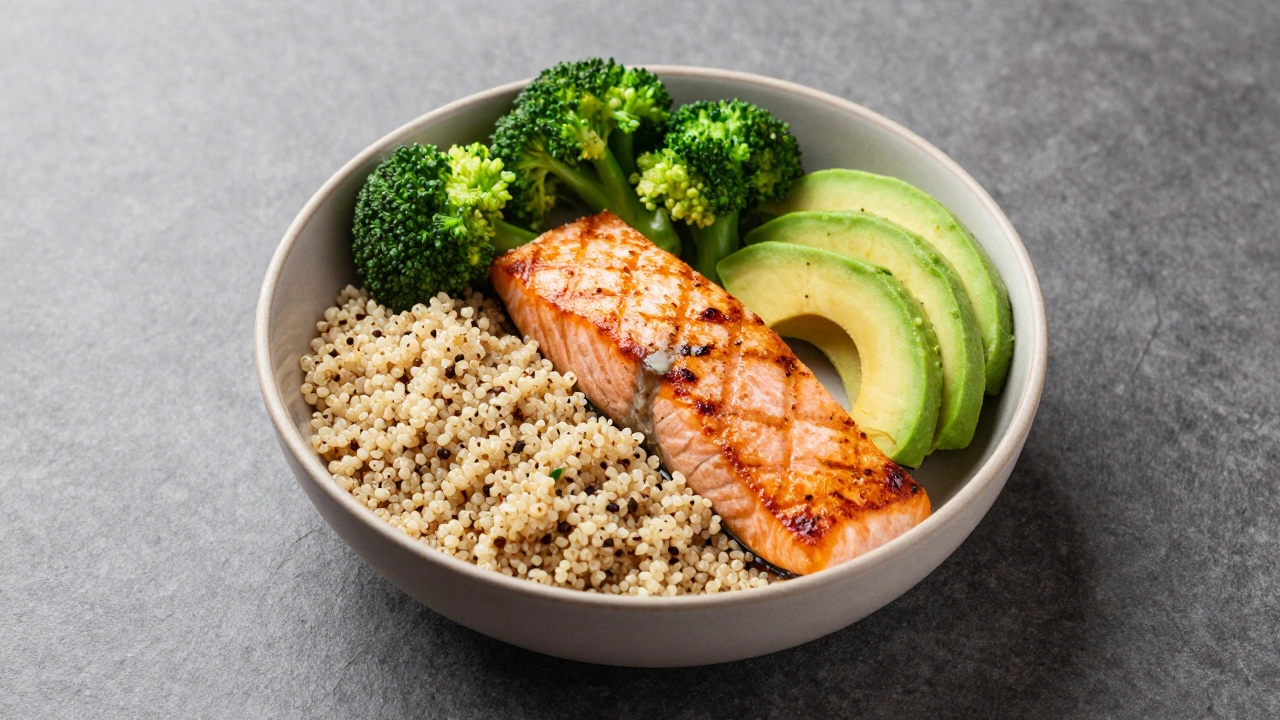 Сбалансированный боул с лососем, киноа и брокколи для восстановления сил