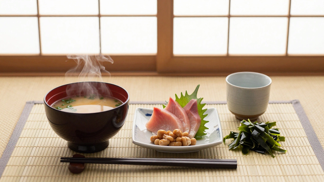 Традиционный японский завтрак с мисо-супом, морепродуктами и ферментированными продуктами