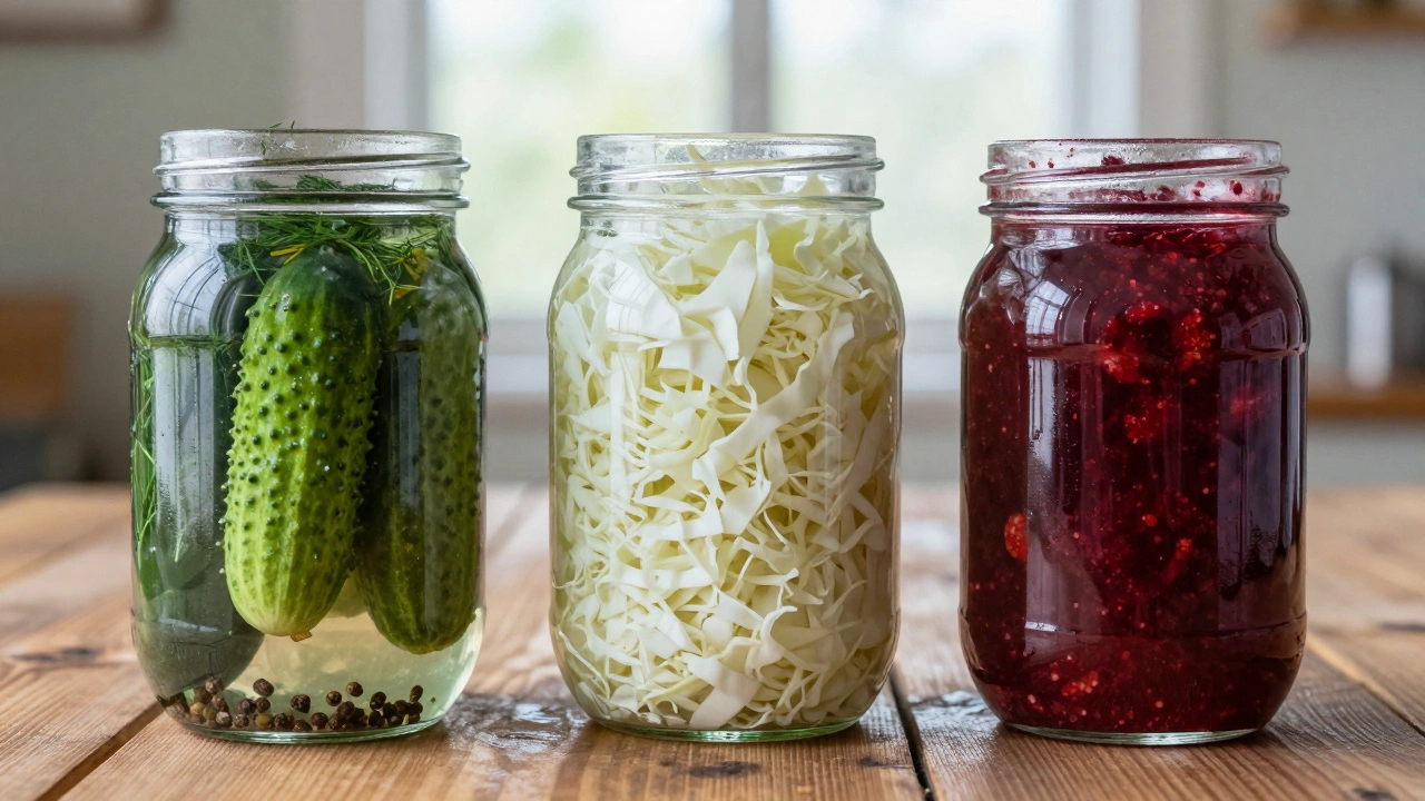 Три разные банки с консервами: маринованные огурцы, квашеная капуста и варенье