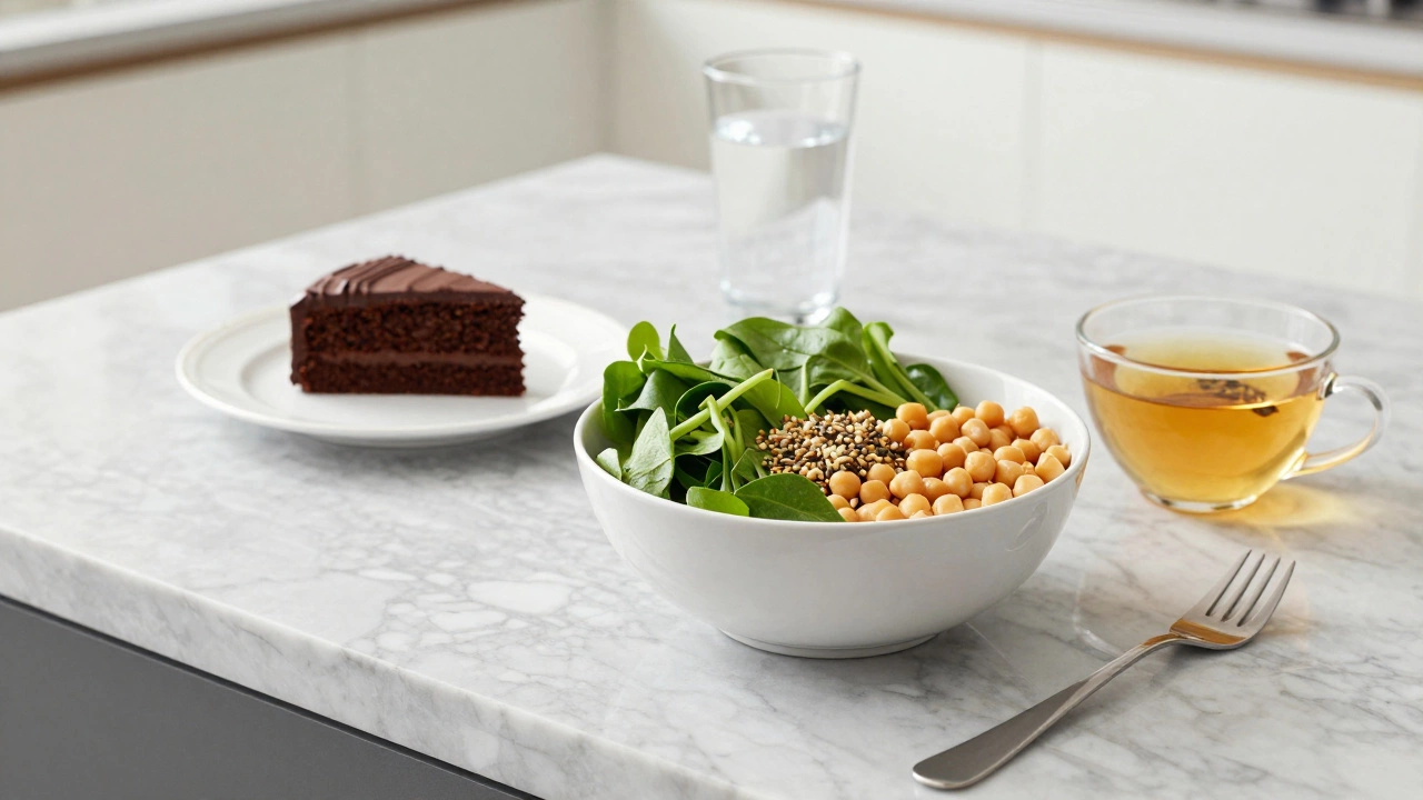 Здоровая еда и кусочек торта как пример правила 80/20